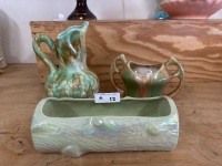 3 Mid Century Brown and Green Pottery Pieces - 2
