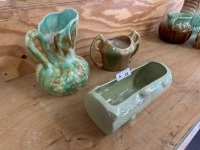 3 Mid Century Brown and Green Pottery Pieces - 3