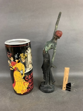 Painted Cast Bronze 1920's Flapper Style Figurine (as is) + Contemporary 1920's Style Vase