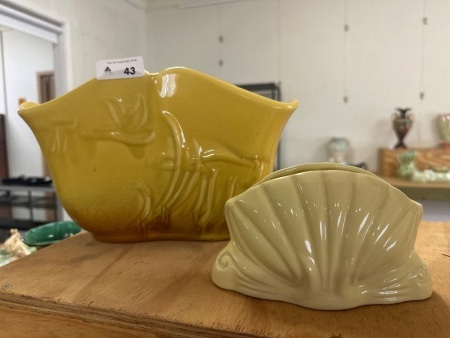Vintage Yellow Planter Signed & Shell Vase