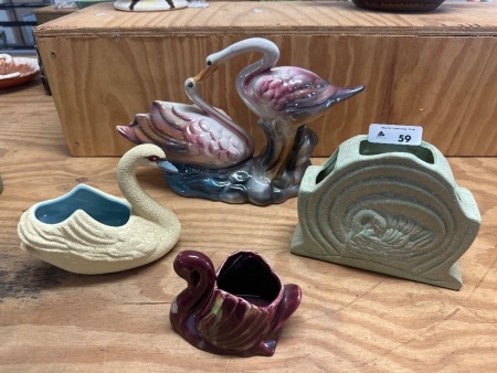 Iridescent Bird Ceramic Figurine & 3 Swan Vases