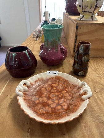 3 Art Deco Drip Vases & 1 Ceramic Annaburg Plate