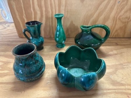 5 Mid Century Green Pottery Pieces