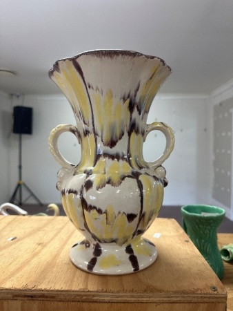 Mid Century German Yellow and Brown Drip Double Handled Vase
