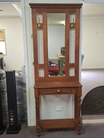 Wooden Hall Stand with Mirror and Brass Fittings