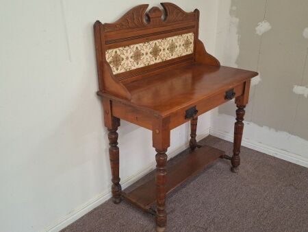 Late Victorian Wooden Washstand with Tiled Back