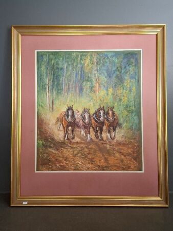 Signed Water Colour of Working Horses