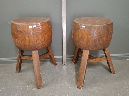 Pair of Carved tripod drum stools