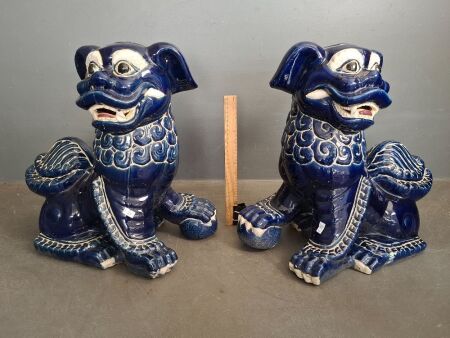 Large Cobalt glazed Vintage Foo Dogs 45cm Male and female mid-century