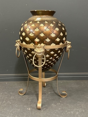 Ceramic Floor Urn with gold painted iron stand