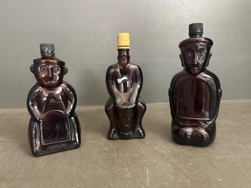 Mid 20th‑century amber glass figural liquor/novelty bottles x3 Kailua