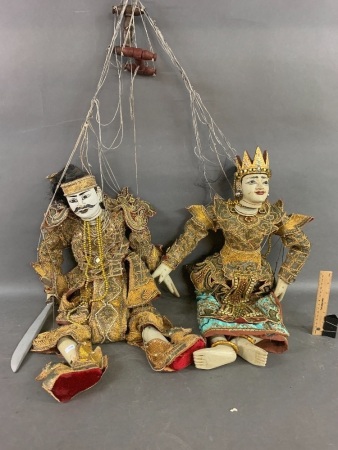 Pair of Large Vintage Asian Wooden Puppets