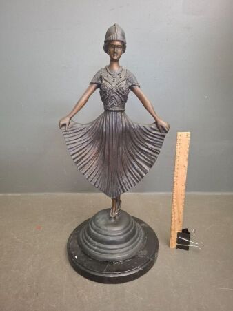 Vintage Brass or Bronze Flapper Girl Statue on Marble Base