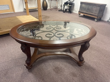 Vintage Occasional Table with Metal Scrolls Inside & Beveled Glass Insert