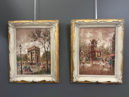 Pair of Original French Paints - Le Moulin Rouge Montmartre Paris & Arc De Triumph Paris Both by A.Vilot Canvas on Panel - Ophelia Fine Arts