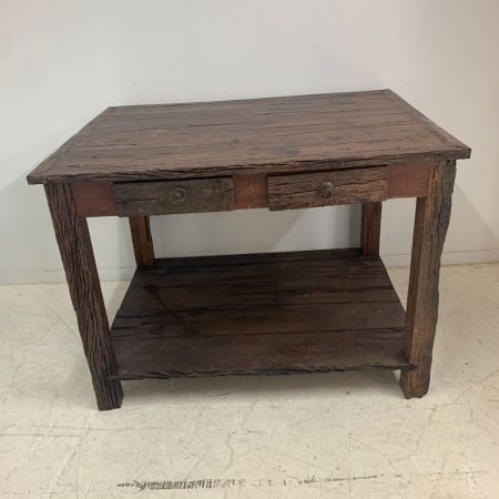 Indoor / Outdoor 2 Drawer Vintage Hardwood Cooks / Bar Table with Shelf Under