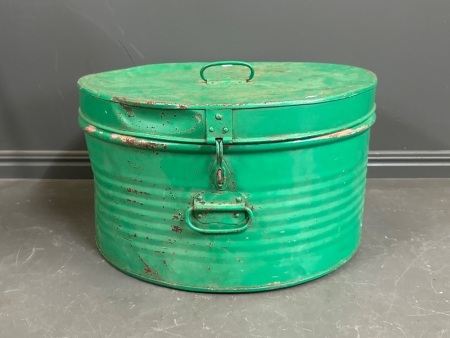 Large vintage green metal hat box/trunk - Excellent internal condition large 50cm