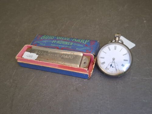 Omega Open Face Pocket Watch & Auto-Valve-Harp Made by M Hohner Germany Harmonica