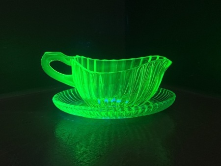 Uranium Glass Gravy Boat on Saucer
