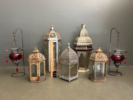 Lot of Moroccan lanterns includes red glass hanging candle holders