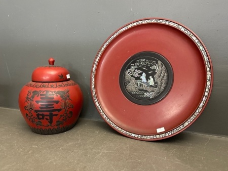 Vintage Red lacquerware Chinese lidded jar and shell inlaid tray