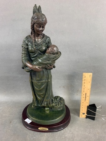 Bronzed Native American Indian Woman with Child Bronzed Statue on Timber Pinth