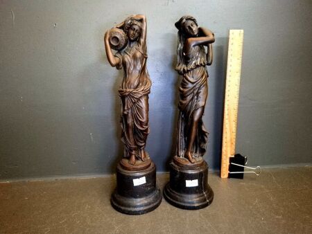Pair of Vintage Brass or Bronze Women Statues on Marble Base