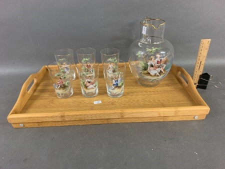 Antique Mary Gregory Haind Painted Jug & 6 Water Glass Set + Timber Tray