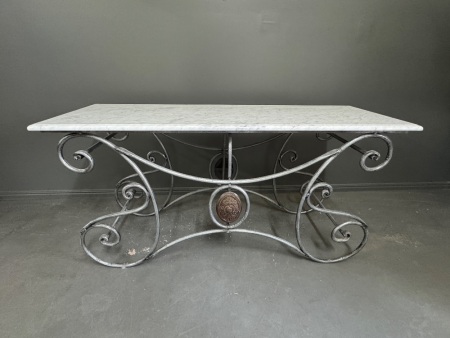 Powder Coated Wrought Iron Marble Topped Table - approx 1500L x 500W x 770H marked Perwira