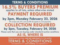 TERMS AND CONDITIONS: 16.5% BUYERS PREMIUM APPLIES TO ALL AUCTION LOTS UNLESS ADVISED (An additional 1.65% fee applies to online bidders) | PAYMENT REQUIRED by 3pm, Monday February 23, 2026 - We accept cash, EFT, card (2.2% fee applies to card payments) |