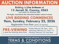 AUCTION INFORMATION: Bidding is live at 13 Jarrah St, Cooroy, 4563 & online via web feed (simulcast) - It is recommended that interested bidders attend the auction onsite | BIDDING COMMENCES: 9am, Sunday, February 22, 2026, Registration from 8am (photo I.