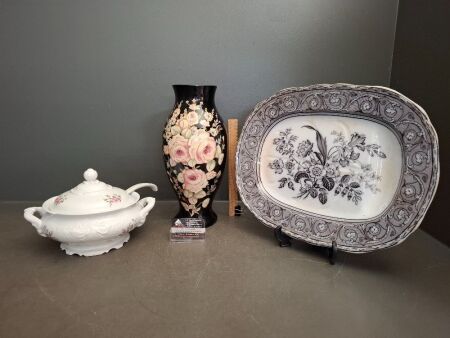 Vintage Floral Black Vase, Large English Serving Dish & Wadell Soup Terrain Made in Poland