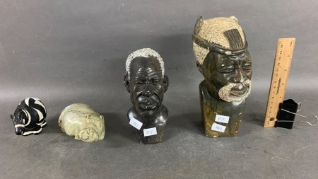 2 Small African Carved Stone Heads + Hippo & Zebra