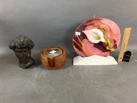 Asstd Lot inc. Stone Greek Head, Wax Art Flower & Agate Coasters Set