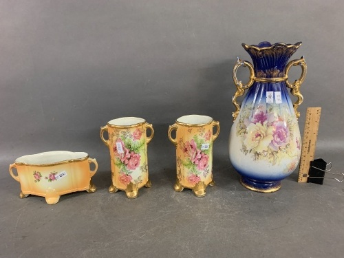 Victorian Floral Vase + 3 Piece Edwardian Roses Mantle Set