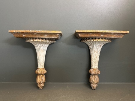 Pair of French Polychrome and Gilt Look Carved Wood Wall Sconces