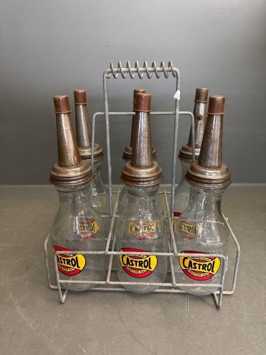 6 Glass Quart Castrol Oil Bottles - In Original Wire Basket