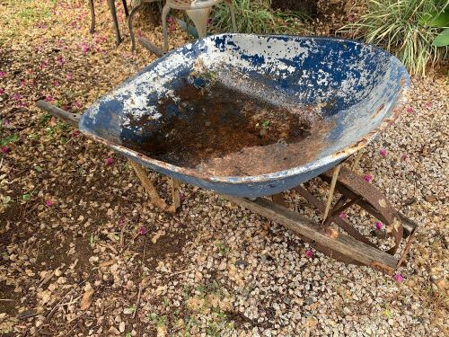 Vintage Blue Wheelbarrow with Iron Wheel