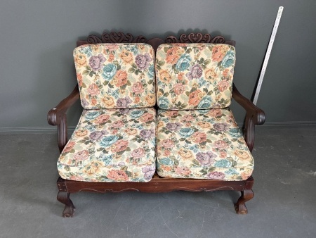 Vintage Carved Wood and Rattan Love Seat