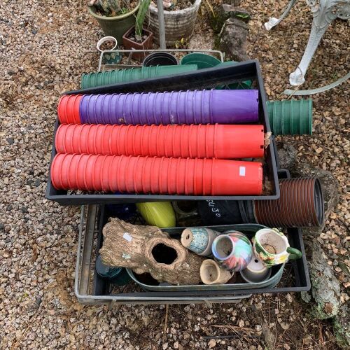 Garden Trolley + Qty of Plastic Pots etc