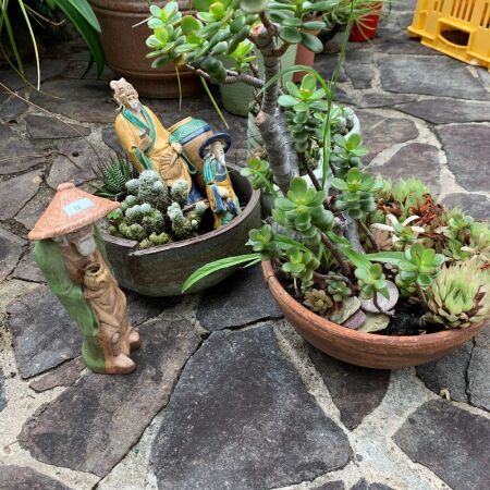Collection of Small Asian Ceramic Figures + 3 Planted Cactus/Succulent Bowls