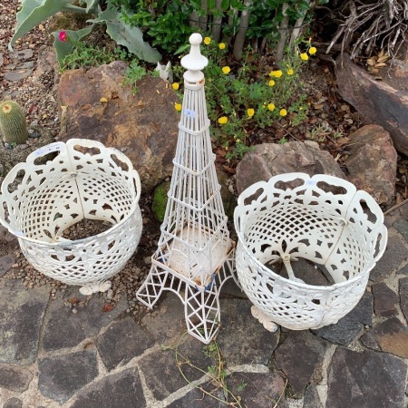 Pair of Cast Alloy Planters + Iron Eiffel Tower