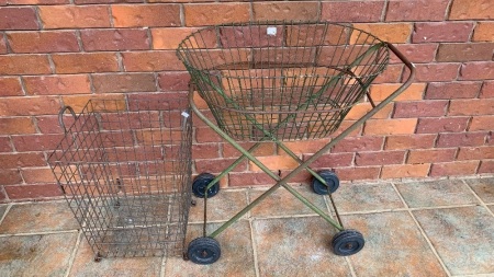 Vintage Steel Laundry Trolley with Basket + Large Square Wire Basket