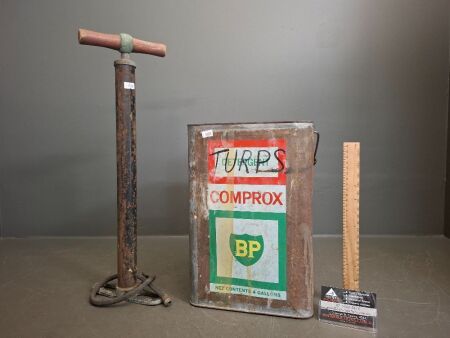 BP Comprox 4 Gallon Tin & Vintage Tyre Pump