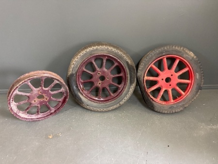 3 Vintage Morris Spoked Wheels, 2 with Tyres