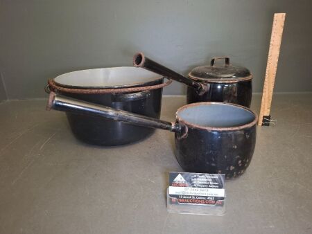 3 Black Enamel Pots - 1 with Lid