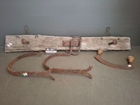 Pair of Hand Forged Hooks, Rustic Rack & Marked J F Vintage Knife