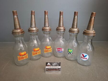 6 Glass Oil Bottles with Tin Tops & Dust Caps