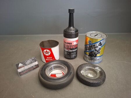Collectable Caltex Tin & Bottle, Golden Spectron Oil Promo Money Box & 2 Tyre Company Ashtray