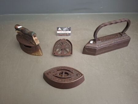 3 Vintage Irons + 1 Jas Smart Canada Iron Stand